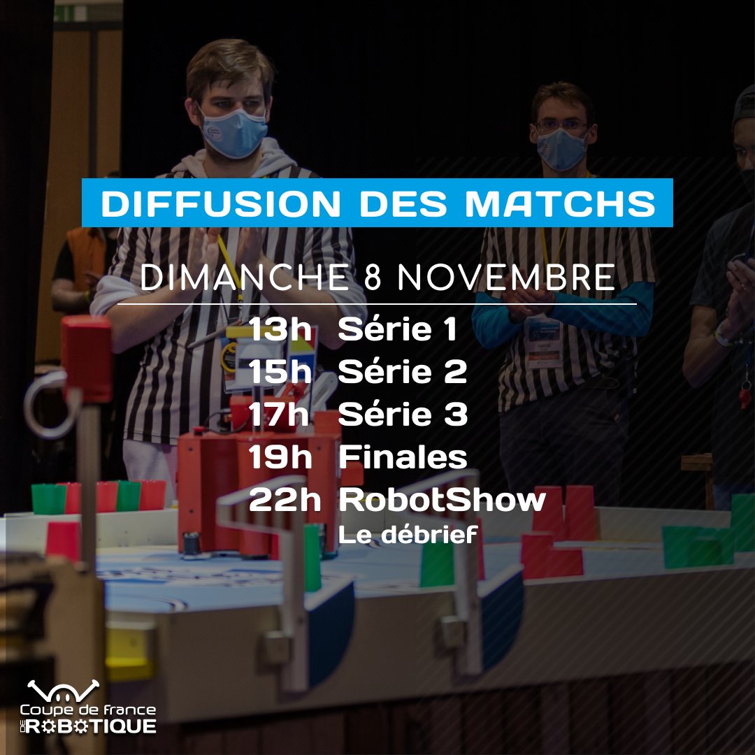 📆 Ce dimanche, rendez-vous à partir de 13h pour la diffusion des matchs de la Coupe de France de Robotique 2020 ! Suivez-nous sur YouTube et Facebook Live !

🏆 Les phases finales commenceront à 19h. Elles seront suivies d'une émission spéciale du RobotShow !

#CDR2020
