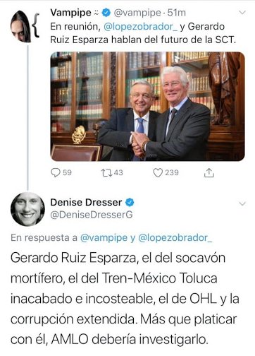 ZuritaCarpio's tweet photo. ¿En serio Dresser pide que los medios decidan cuando miente el Presidente para dejar de transmitir sus mensajes? ¿Es la misma @deniseDresserG que da por ciertas hasta las mentiras de @Vampipe? https://t.co/BxkUULRFcL