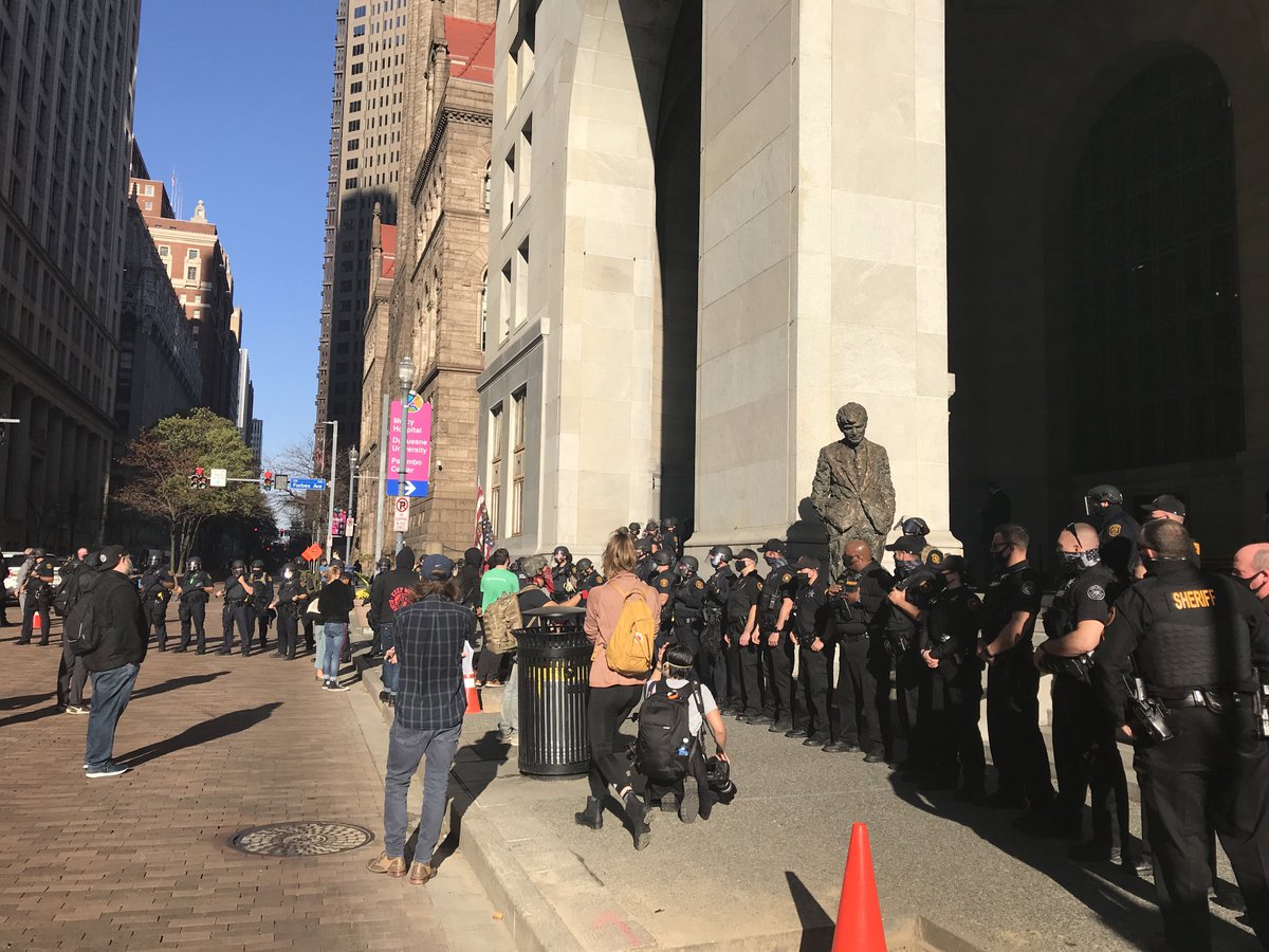 Police outnumber protesters 3-1. I expect 3 more hours of protesters just yelling at each other and also at the police.