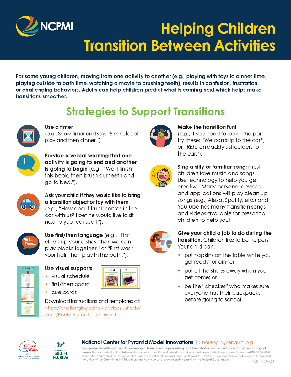 PyramidModel's tweet photo. New #PyramidModel Resource for Families!
"Helping Children Transition Between Activities"
Help children predict what is coming next to help make
transitions smoother. Download from our resource library:
https://t.co/8VZkRl4qFg https://t.co/71T1v9chSH