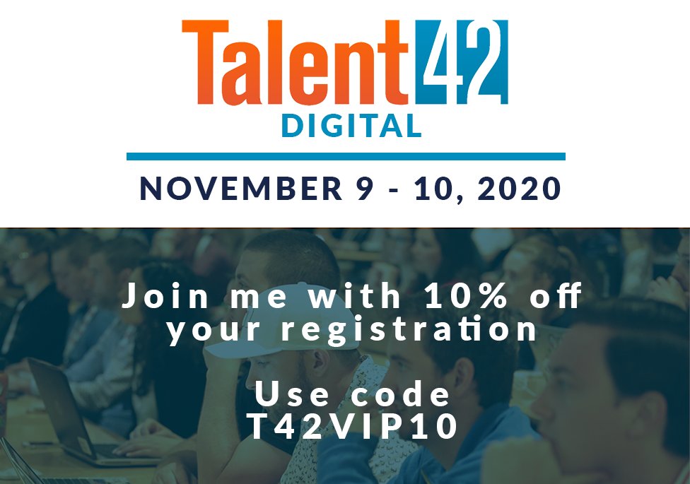 Really looking forward to #Talent42 next week! I hope you'll join us! Discount code below! Register here ➔ talent42.com