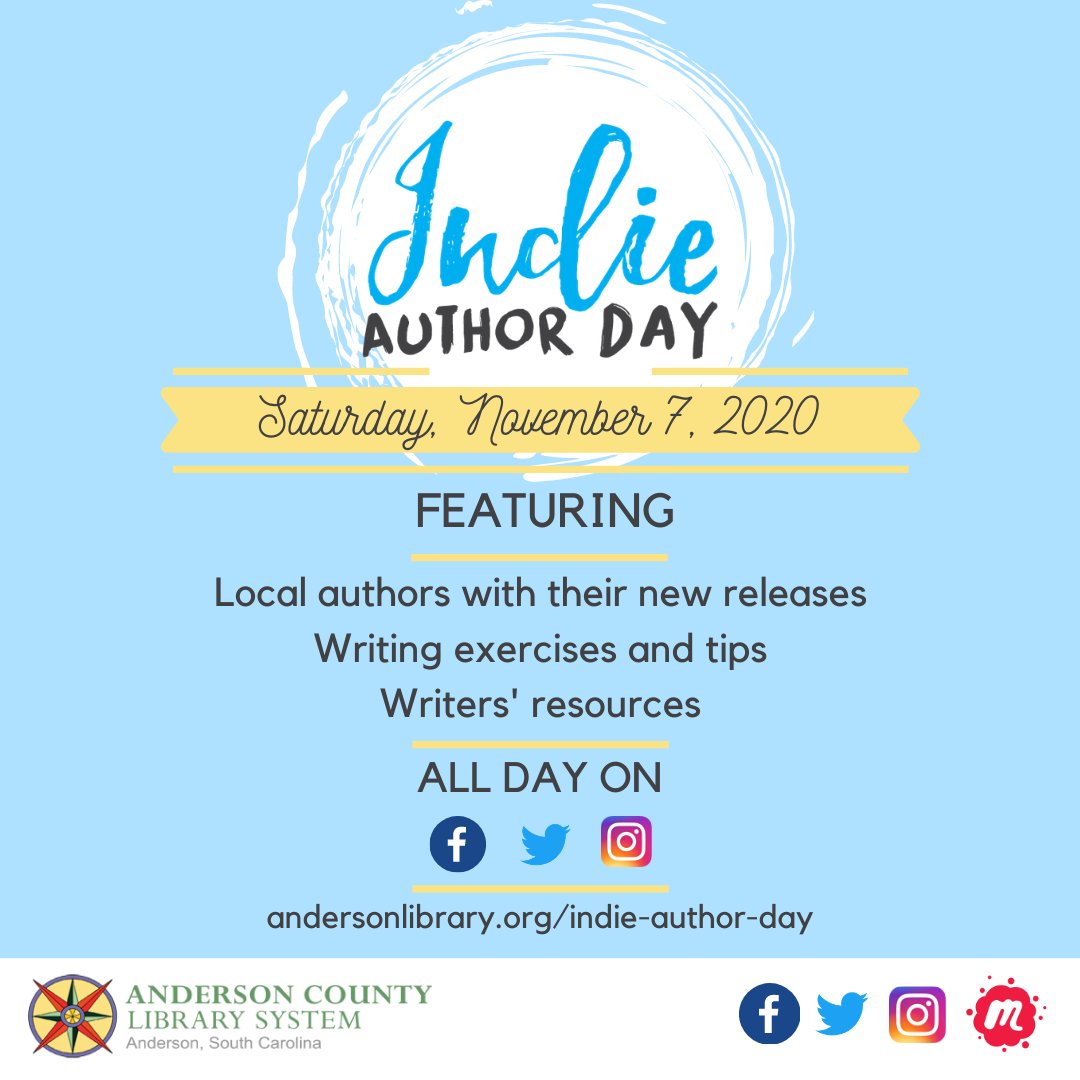Andersonsclib's tweet photo. Welcome to Indie Author Day at the Anderson Library! Follow us along on Facebook, Instagram, and Twitter all day long to learn about some of our favorite local authors. #andersonsc #andersonlibrary #indieauthorday https://t.co/LcDy6R4yQ6