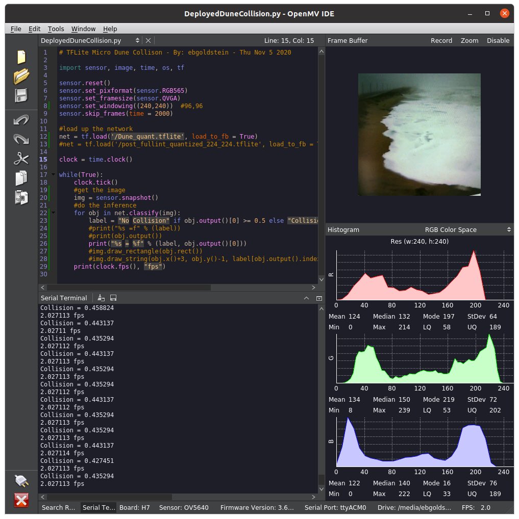 We got a #TinyML model of wave-dune interaction working on an <a href="/openmvcam/">OpenMV</a> H7+ — a CNN running on a microcontroller! beach trials next! (for now we are pointing the cam at a browser window). more soon from <a href="/chk_null/">Somya Mohanty</a>, <a href="/TBeuzen/">Tomas Beuzen</a>, and me.

(images <a href="/secoora/">SECOORA</a> WebCAT)