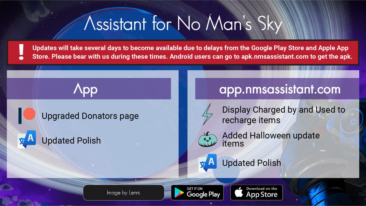AssistantNMS's tweet photo. Assistant for NMS - 1.62 Update 🥳🎉
#NoMansSky #Origins #NMSAssistant #AssistantNMS #App #Android #IOS #NoMansSky #Desolation #NMSAssistant #AssistantNMS #App #Android #IOS
- Image created by LionessLilo and background by Lenni. https://t.co/Y7NRa8xBiP