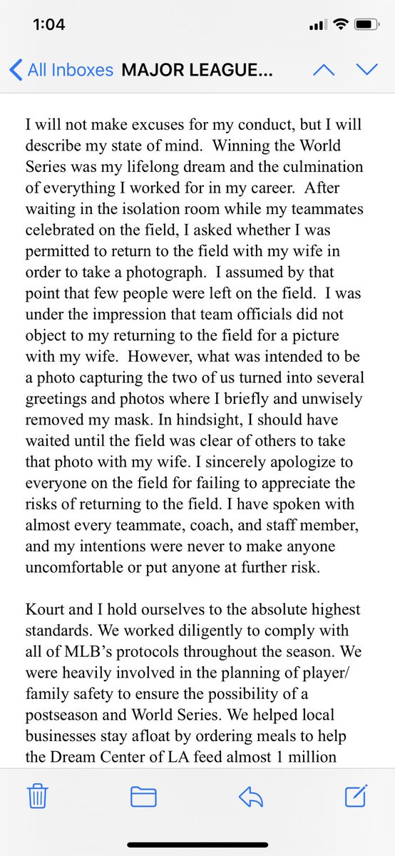 BNightengale's tweet photo. Justin Turner apologizes for returning to the field after testing positive for COVID-19, #MLB accepts apology and takes responsibility as well, and considers the matter closed with no punishment https://t.co/55Wc5BrPjN