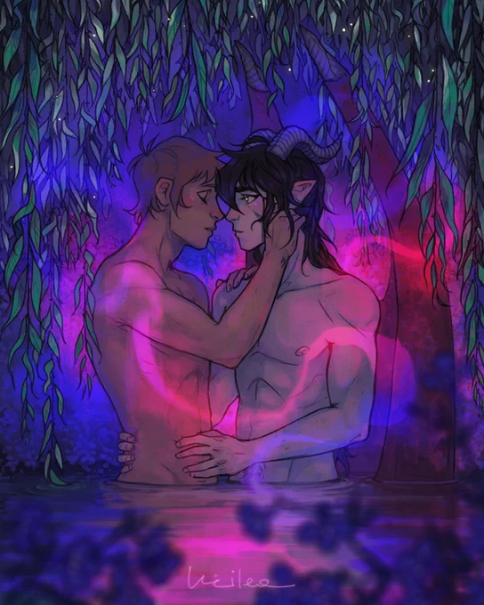 a magical commission I did for the #klance fic "Star Cursed" written by @SailUnchartd and @AutumnIgnited you can find here: https://t.co/E4PwbaZELz

here you have a mage Lance x his dragon familiar Keith, sharing an intimate moment with their magic flowing around them? enjoy!! 