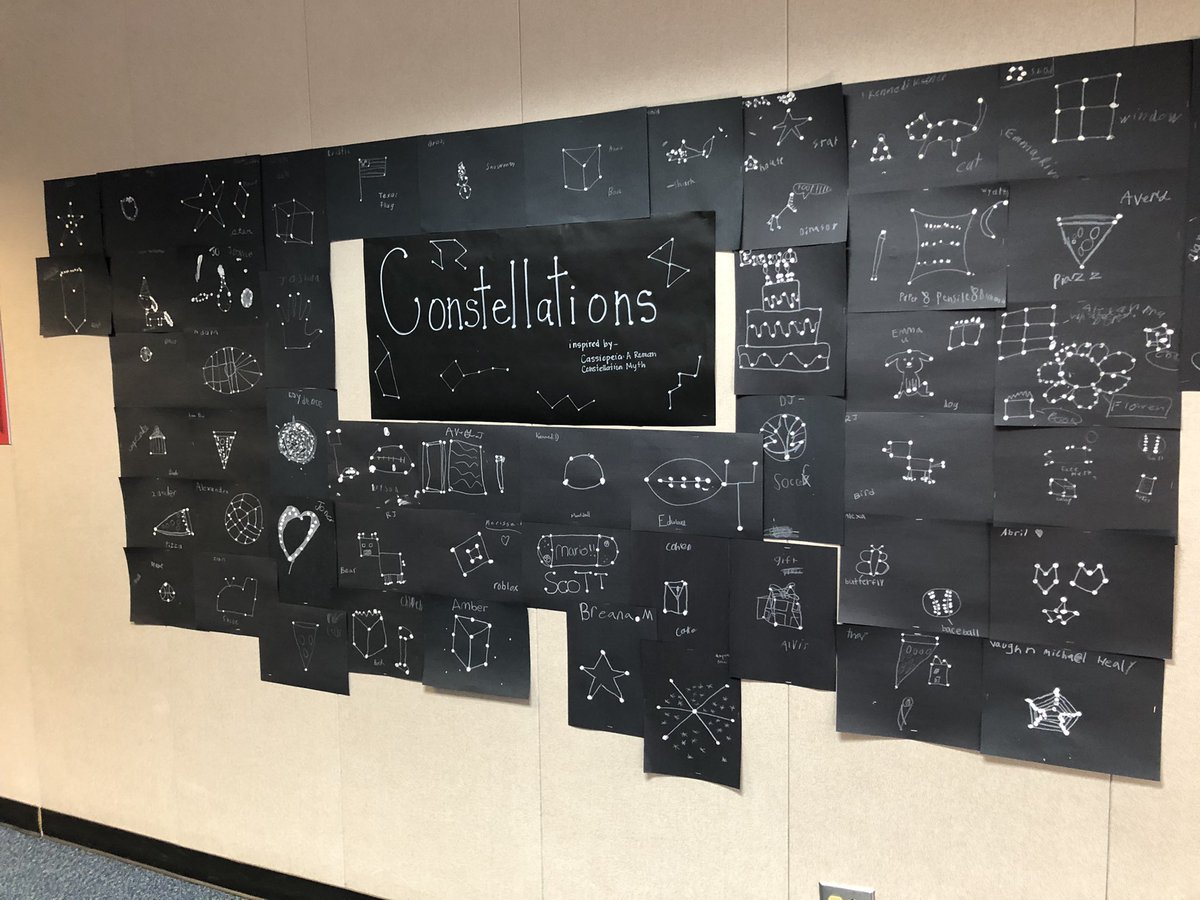 GinnyBoughter's tweet photo. 3rd graders created their own constellations after reading about Cassiopeia. Love to see students’ creativity! Thanks @maker_maven for this lesson idea! @cfisdfiest #cfisdlib #FiestRoar https://t.co/vUlxO45l4D
