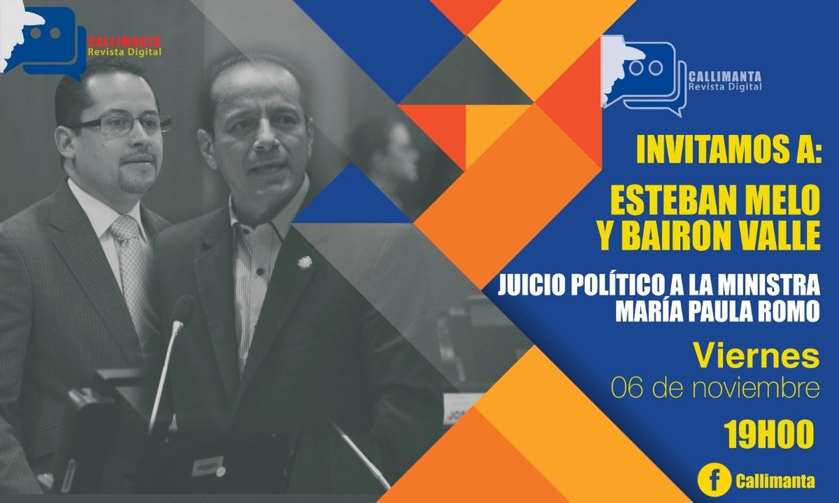 callimanta's tweet photo. Les invitamos a seguir nuestro programa #Callimanta, hoy a las 19H00.
Hablaremos junto a los asambleístas @BaironValleP y @EstebanMeloG temas como el #JuicioPolitico a la Ministra @mariapaularomo. 👇🏼
https://t.co/f9nZBCPfUm https://t.co/FeA0RNsuvK