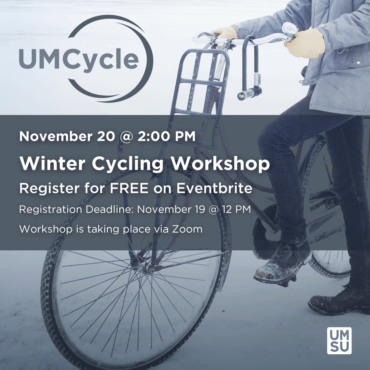 UmCycle's tweet photo. Join us online on November 20th at 2pm for a Winter Cycling Workshop. https://t.co/tri0pN3Ld1 https://t.co/leSETo0RfT