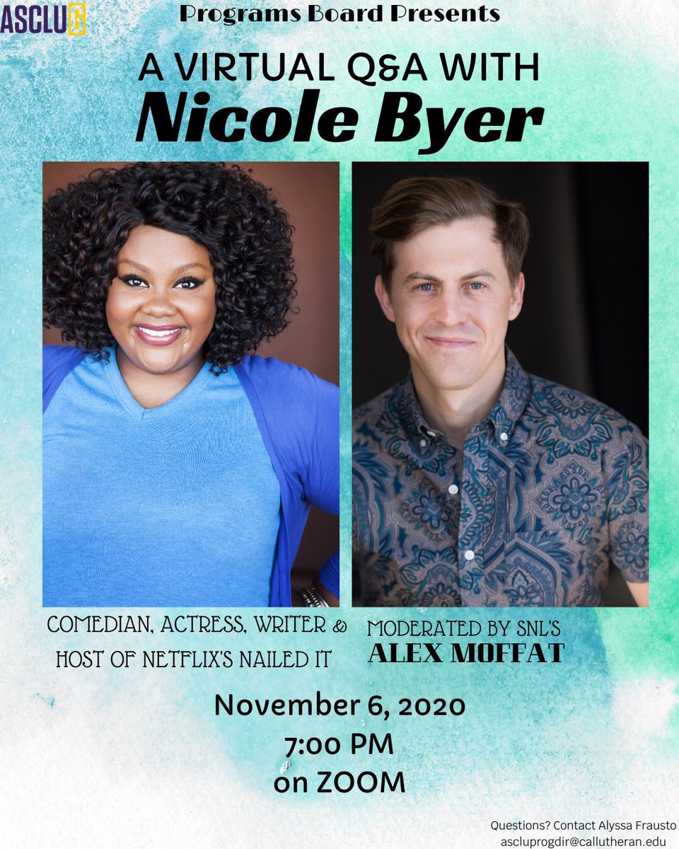 Tonight, we will be having a virtual Q&amp;A with Nicole Byer moderated by Alex Moffat!
Link: clu.zoom.us/j/92954870924?…