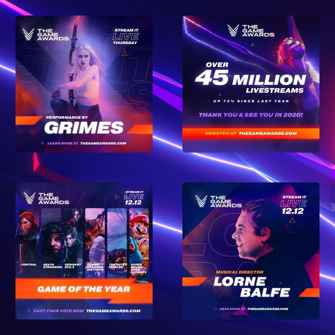 layerframe's tweet photo. Bold colors, drippy neon effects and rich typographic implementation defined the fresh and vibrant look of @thegameawards 2019 set a new standard that will only be topped by 2020 😏  To check out the full case study, visit https://t.co/jPLJ5qIGvK ⚡️ (Part 5/5) #thegameawards https://t.co/kfDNAPfpOk