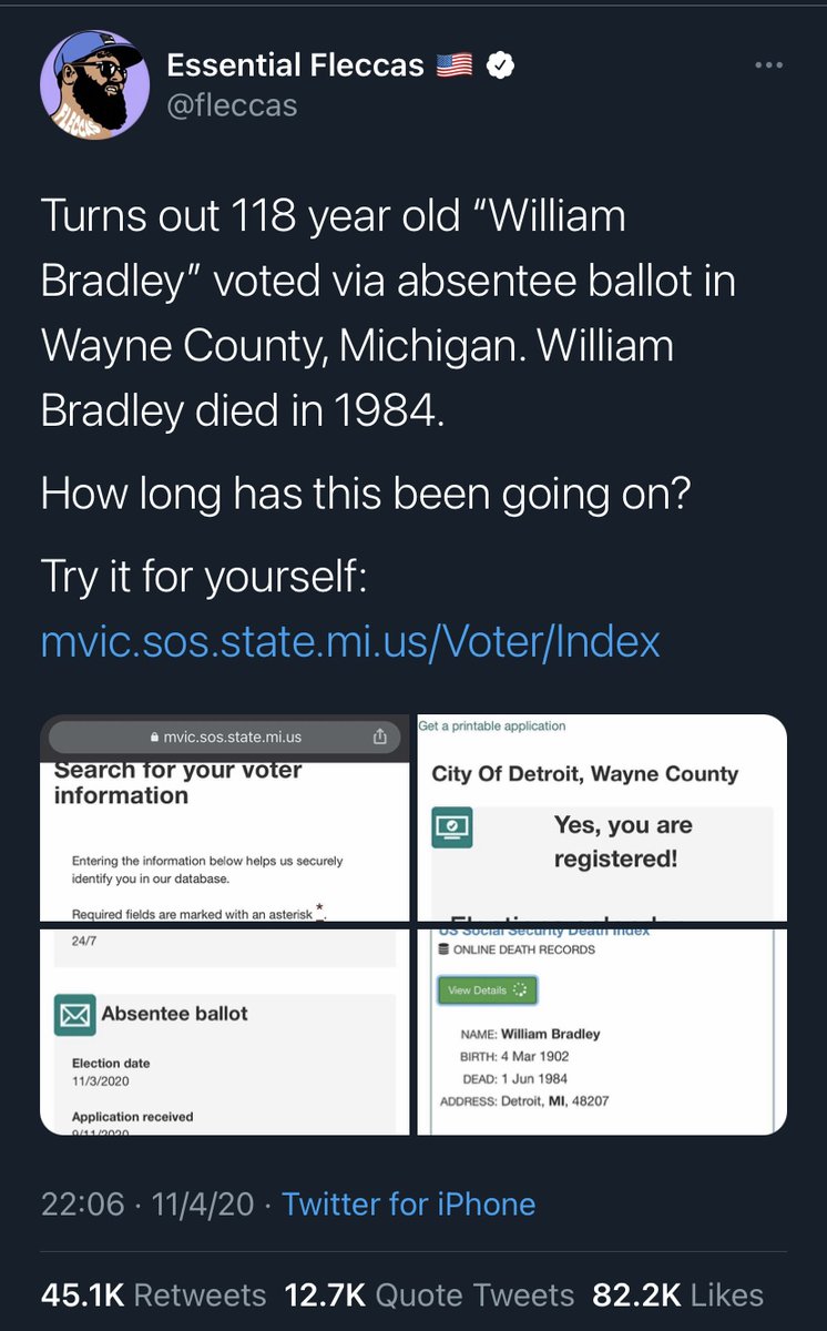 It began Wednesday night with tweets from  @fleccas, an Ivy League offensive lineman turned right-wing internet journalist. He had indeed found some bizarre voter files on the state of Michigan website. It appeared people born between 1900 and 1902 had sent in absentee ballots.