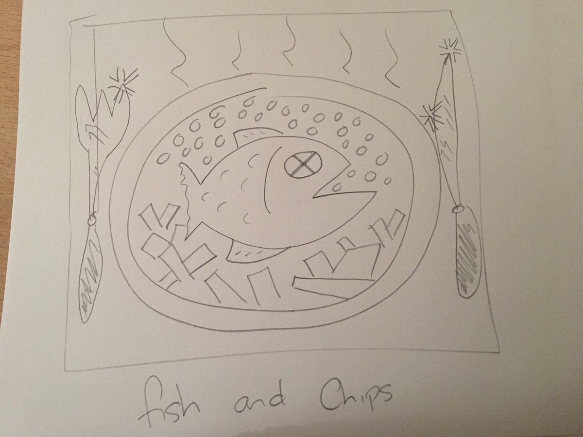 CD_Slater's tweet photo. My fish and chips drawing with @TonyDeSaulles 🤣 What a fun way to end the @ASCELUK conference #ASCELWOW20 🤣 https://t.co/8HSYcIuEJO