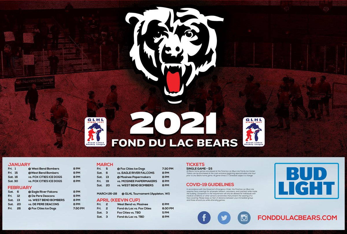 Let's drop the puck! We have the revised schedule for the 2021 season. Opening night is New Years Day at West Bend, while the Home Opener is January 16 vs. Fox Cities. #FondyHockey 🏒🥅🚨