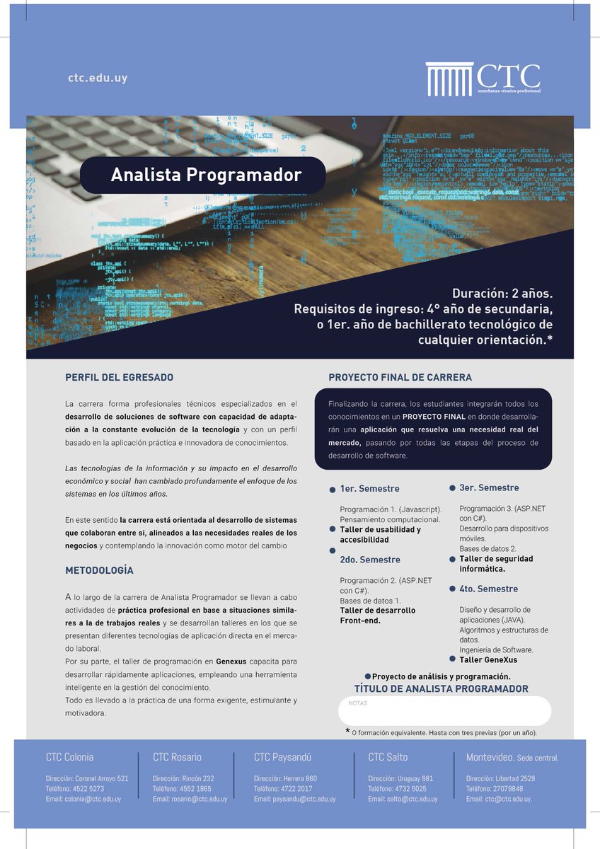 SaltoCiudadUni's tweet image. #AnalistaProgramador 
Por consultas:
☎️ 473 - 25025 / 473 - 25868
📲 Whatsapp: 091 325 369
📍Dirección: Uruguay 981
➡️ Horario de atención: 16:00 a 20:00hs
#SaltoCiudadUniversitaria
