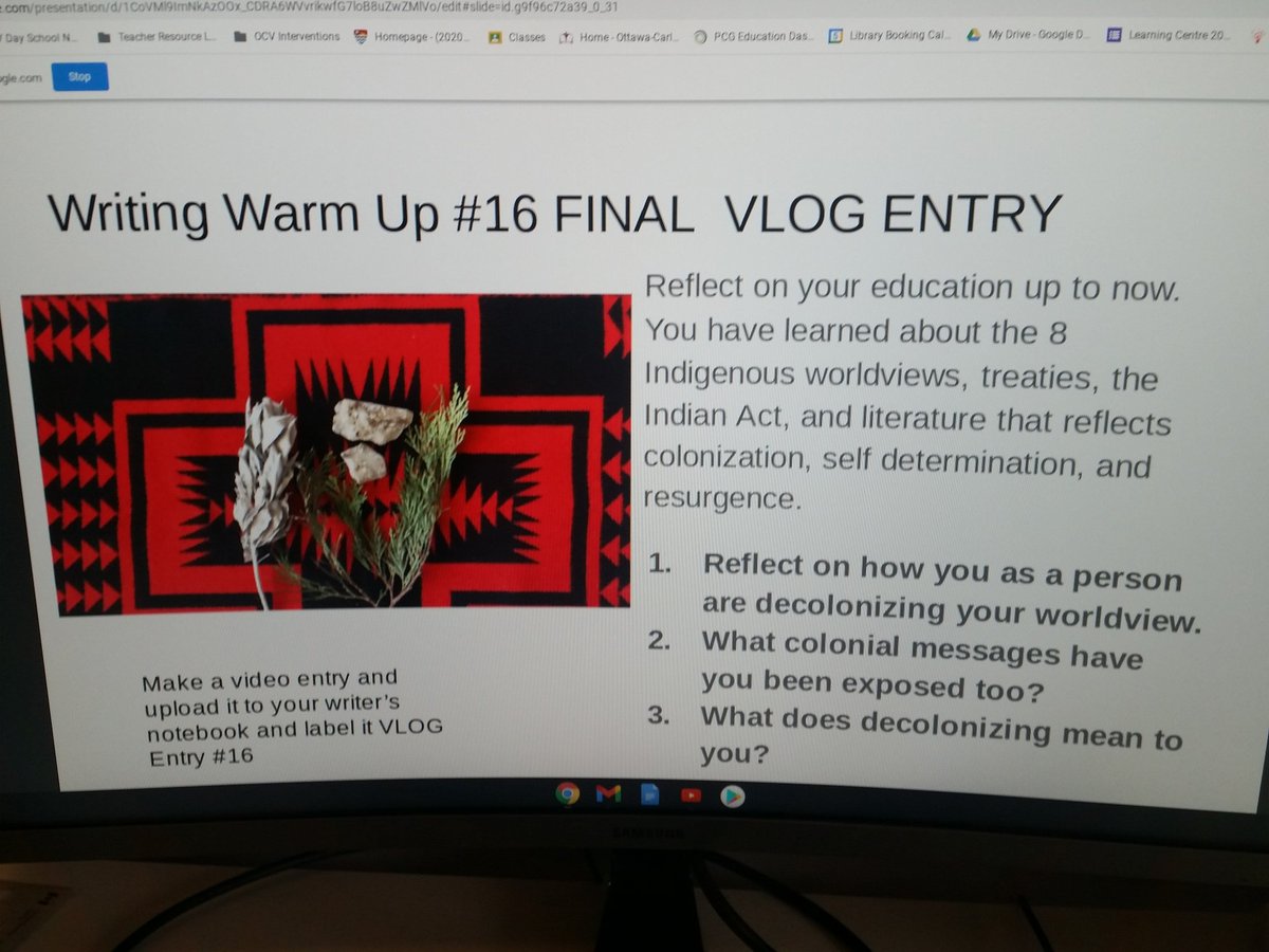 KielyRussell's tweet photo. Students in #NBE3U are reflecting on literature, who is writing it and decolonization. #CriticalLiteracy #CalltoAction62 #EducationForReconciliation #TreatyRecognitionWeek #KeepCalmAndDecolonize https://t.co/3MIwraY4If
