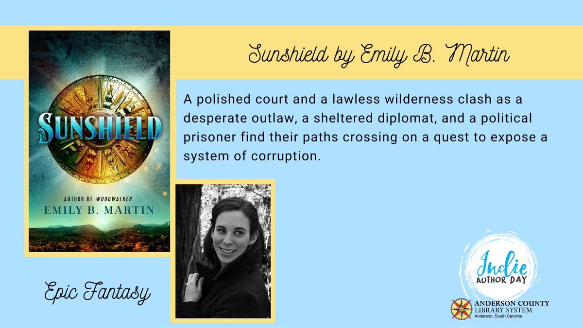 Andersonsclib's tweet photo. Meet Emily B. Martin, author of 'Sunshield.' You can purchase Martin's works at https://t.co/UPWixzAs02. Find out more about the author at https://t.co/hchAOMmSlH.
#andersonsc #andersonlibrary #indieauthorday https://t.co/rcdsV4Vm4H