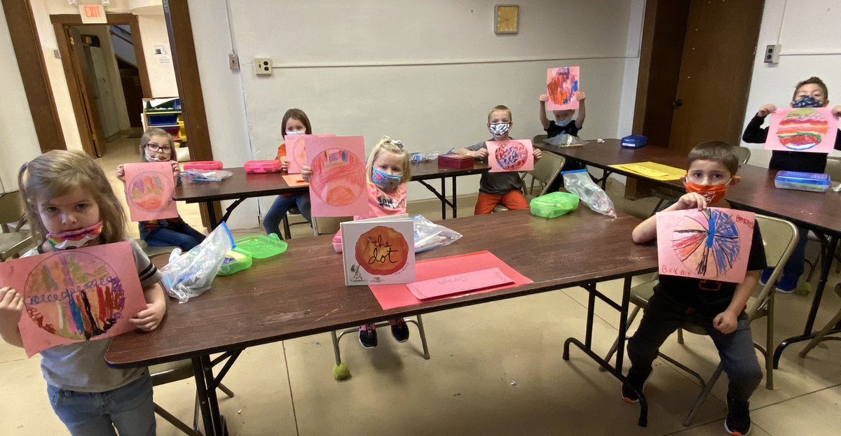 ArtAndMsG's tweet photo. We also read aloud The Dot by Peter Reynolds in Mrs. Blackledge’s #kindergarten #artclass. And everyone created their own, very individual dot! #ColtReadAloud @jennoevancho @RHLSD_Colts https://t.co/a5tjXORVuC
