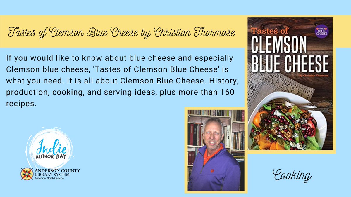 Andersonsclib's tweet photo. Meet Christian Thormose, author of 'Taste of Clemson Blue Cheese.' You can purchase Thormose's works at https://t.co/fx947uJsC7. Find out
more about the author at https://t.co/3YHRmCNtm6.
#andersonsc #andersonlibrary #indieauthorday https://t.co/e0hOG4U6BL