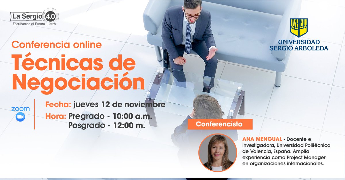 Te invitamos este Jueves 12 de noviembre 10:00 am a la conferencia:  TÉCNICAS DE NEGOCIACIÓN,  con la docente e investigadora, de la Universidad Politécnica de Valencia, ANA MENGUAL, experta en project manager en orgaizaciones internacionales
forms.gle/sRwpnsR5S2i5k1…