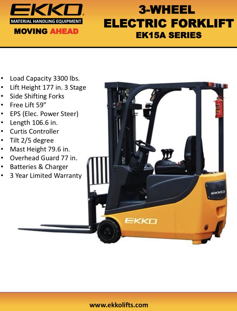 Harriso19517932's tweet photo. #EKKO Economical 3Wheel electric forklift,EK15A, 3300 lb,138๏ฝ177" Height, Side Shift. https://t.co/TtlXiBA4De #happyfriday #lifttruck #lifttrucks #reachtruck #forklifts #forklift #palletjack #ekko #powerstacker #3WheelForklift https://t.co/PZYIlJvx0L