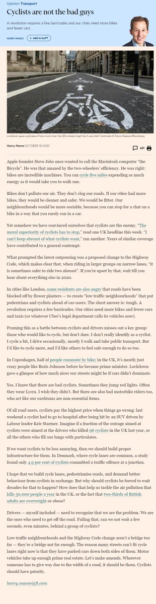 adamjcs's tweet image. FT -"Bike don't pollute our air. They don't clog our roads. If our cities had more bikes, they would be cleaner and safer. We would be fitter. Our neighbourhoods would be more social...Yet somehow we have convinced ourselves that cyclists are the enemy" #vanpoli