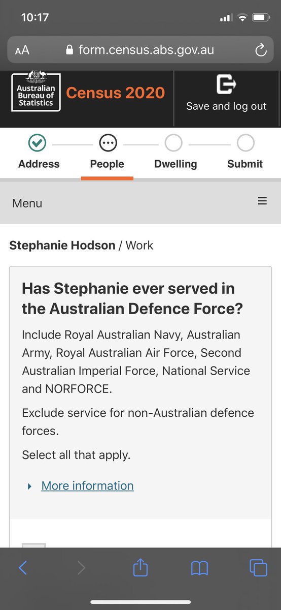 HodsonStephanie's tweet photo. Firstly excited 😀 to be one of the households selected to test the online version of the Census for next year. Then super excited 😁to be able to answer the new section on have you served in the ADF. Huge step in understanding our veteran community😊 #DVAAus #StrongerTogether https://t.co/B7cai2sROx