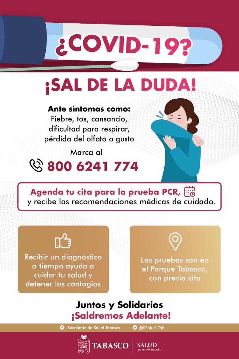 Gobdetabasco's tweet photo. 😷 ¡Sal de la duda! 

Marca al ☎️ 800 6241 774 y agenda tu cita para hacerte la prueba PCR y descartar COVID-19. Recibe un tratamiento oportuno y lo más importante, cuida tu salud y la de los demás https://t.co/qT0Cjfs1jm