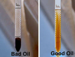 Continued...Check the dipstick.You want to ideally see an amber color. You again don't want to see any frothing here, and you don't want to see a thick, black sludge. You also don't want to see any metal shavings.2/2