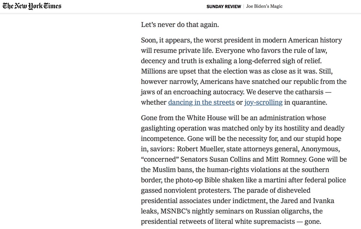First, we deserve catharsis.We are on the cusp of a breathtaking moment. https://www.nytimes.com/2020/11/06/opinion/sunday/joe-biden-president-policy.html