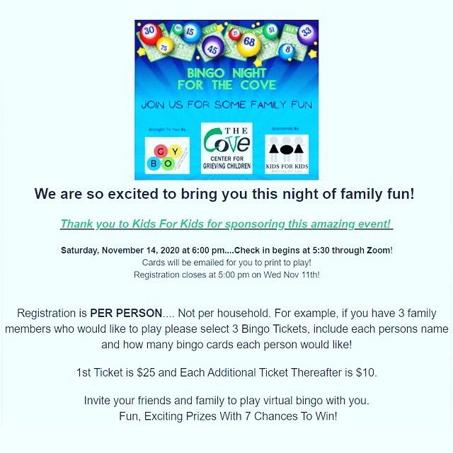 Kidsforkidsct's tweet photo. Please join Kids for Kids in supporting The Cove Center for Grieving Children with Bingo Night! #dancingforlife https://t.co/dGSDxy4sWW https://t.co/3KkSf0ZTyl
