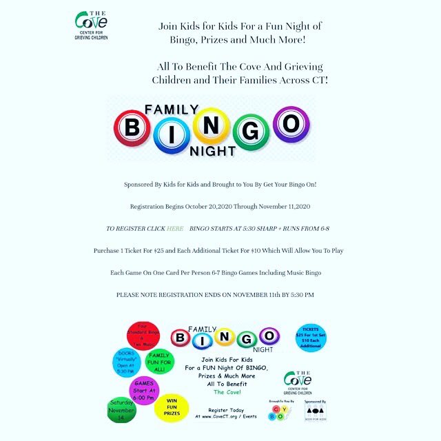 Kidsforkidsct's tweet photo. Please join Kids for Kids in supporting The Cove Center for Grieving Children with Bingo Night! #dancingforlife https://t.co/dGSDxy4sWW https://t.co/3KkSf0ZTyl