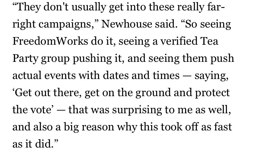 The presence of organizations like Tea Party Patriots has raised the profile of armed demonstrations held by far-right fringe groups, said  @AlexBNewhouse, a researcher at Middlebury College’s Center on Terrorism, Extremism and Counterterrorism. https://www.politico.com/news/2020/11/06/trump-linked-figures-boosted-stopthesteal-movement-434733