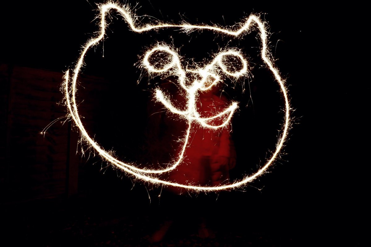 TinkonBrink's tweet photo. This is about as arty* as I got this year... #BonfireNight2020 #BonfireNight #Sparkler #LightWriting #LightDrawing 

*yes, that IS supposed to be a cat :/ https://t.co/6isDtzq3pP