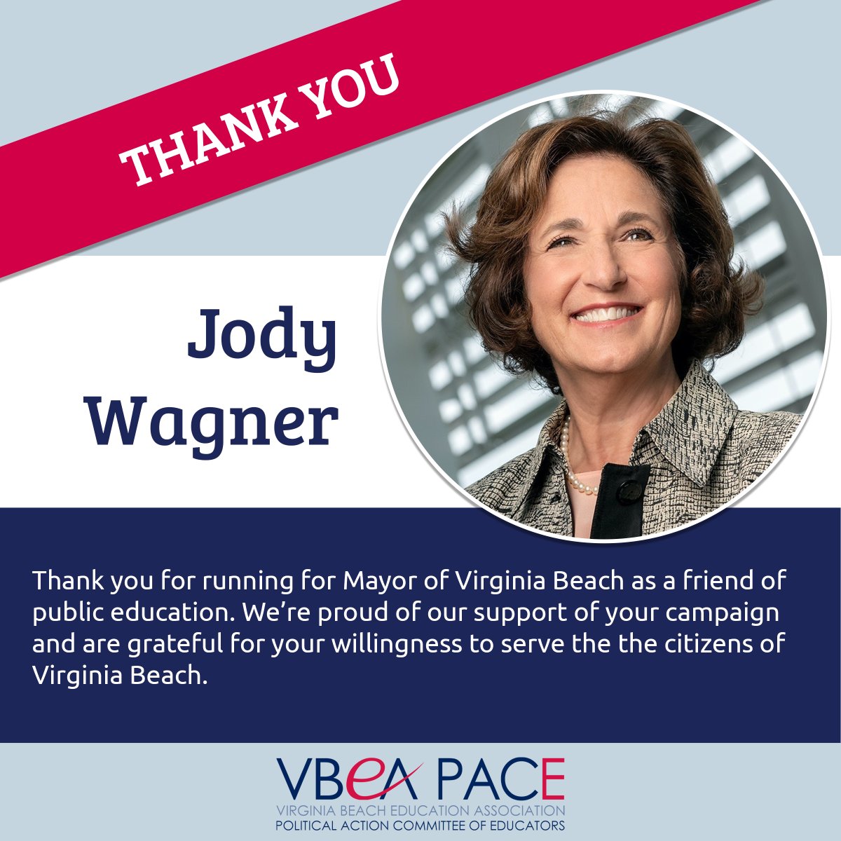 vbeapace's tweet photo. Thank you Jody Wagner for running for Mayor of Virginia Beach as a friend of public education. We're proud of our support of your campaign and are grateful for your willingness to serve the citizens of Virginia Beach. @jodywagner https://t.co/1s829O05ka