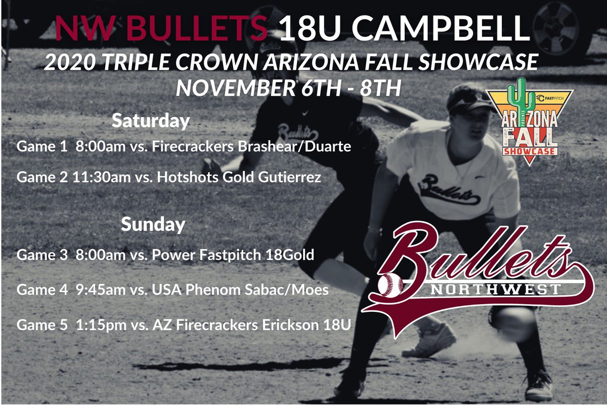 NWBulletsSB's tweet image. 🥎🥎NW Bullets 18U Campbell are playin’ some ball this weekend at the Triple Crown AZ Fall Showcase in Scottsdale. Check out their schedule below👉@JCampbell14 @campos0478 @MuirDennis #NWbulletsCampbell #NWbullets #GoBullets