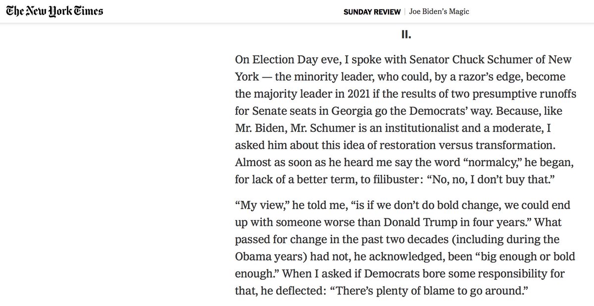 For this piece, I had a candid conversation with  @SenSchumer in which he admitted that the Democrats in the Obama years and beyond hadn't been big or bold enough in their approach."If we don’t do bold change, we could end up with someone worse than Donald Trump in four years.”