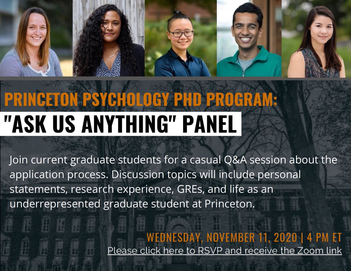 lauren__feld's tweet photo. Are you considering applying to Princeton's Psych PhD program? On Nov 11 @ 4pm ET, our panel will demystify the application process and discuss the program &amp; our experiences. Applicants from underrepresented backgrounds are especially welcome!!

Register: https://t.co/rmPaf8hzhm https://t.co/hfrOJmaWoz