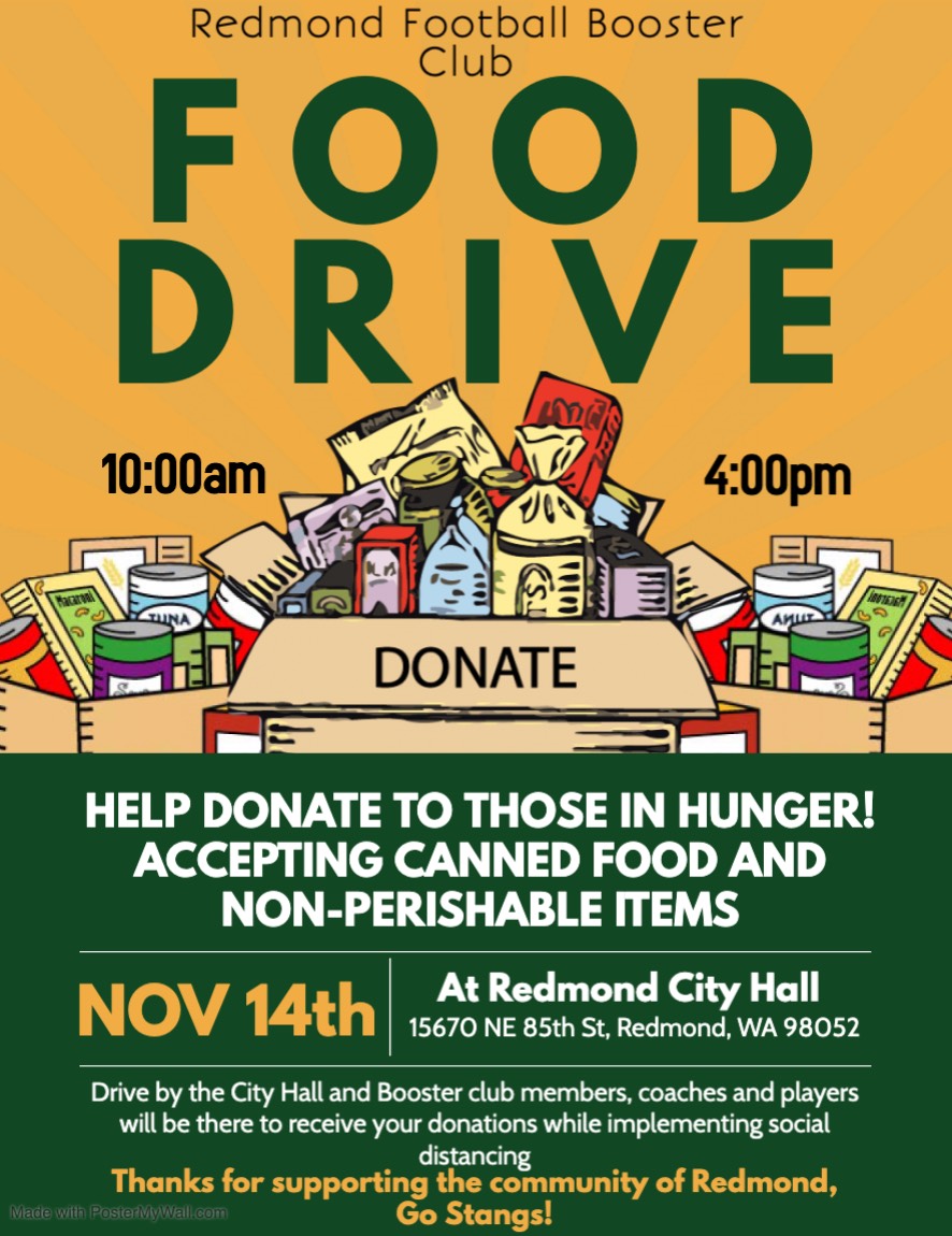 Help us help the Redmond Community by stopping by the Redmond Football Food Drive on Saturday, November 14th, 10am-4pm at the Redmond City Hall!  #GoStangs