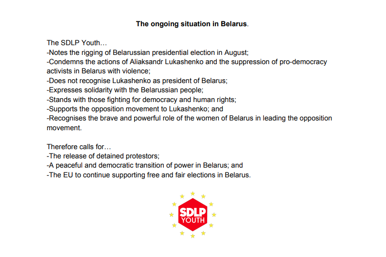 SDLPyouth's tweet photo. Our motion passed at tonight's SDLP Youth meeting on the ongoing situation in #Belarus  👇👇👇 https://t.co/hkcQwlIqvY