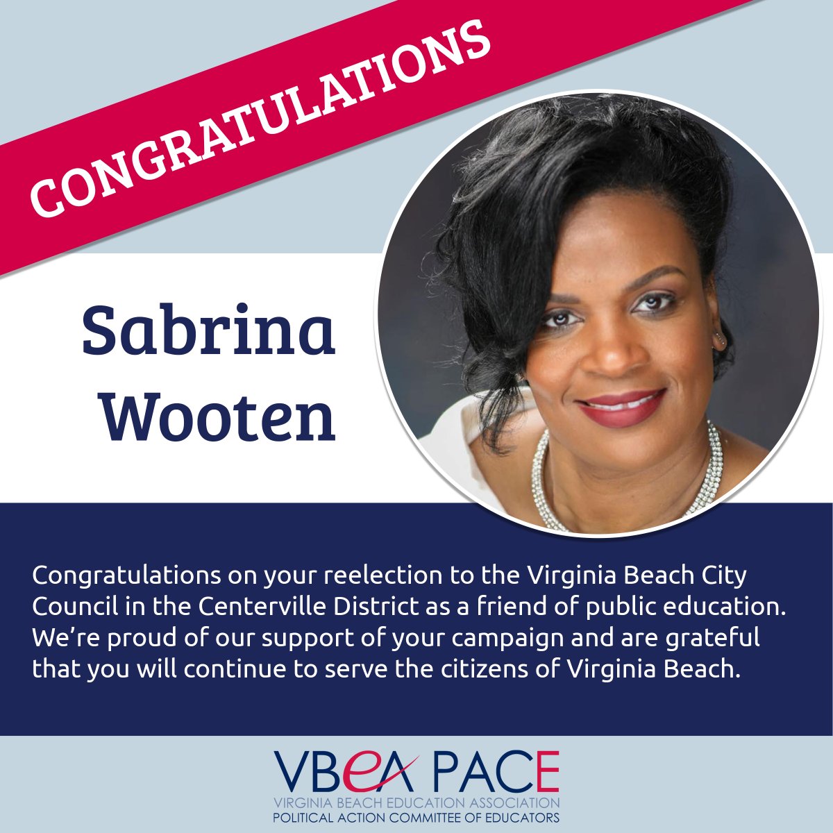 vbeapace's tweet photo. Congratulations @sabrinadwooten on your reelection to the Virginia Beach City Council in the Centerville District as a friend of public education. We're proud of our support of your campaign and are grateful that you will continue to serve the citizens of Virginia Beach. https://t.co/LRvbI1KoBu
