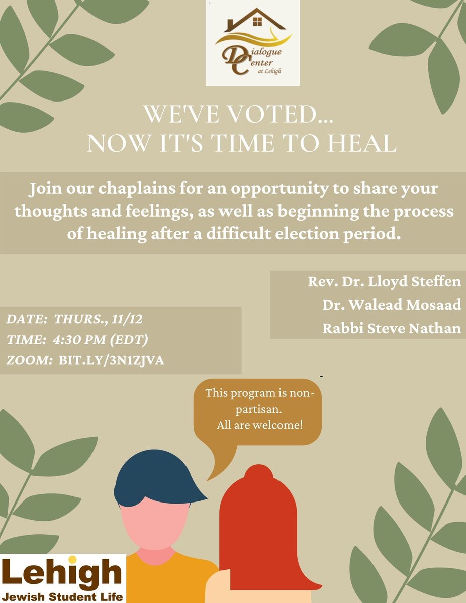 Come join us as we discuss how to heal after a difficult presidential election. We'll be on zoom Thursday, Nov. 12th at 4:30 pm EDT! This is a non-partisan event!
