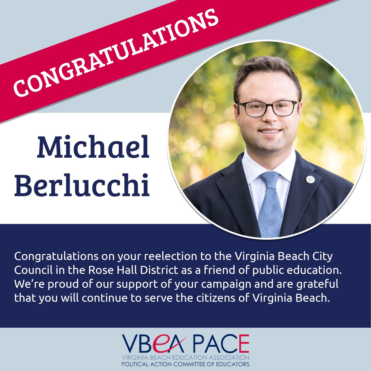 vbeapace's tweet photo. Congratulations @mfberlucchi on your reelection to the Virginia Beach City Council in the Rose Hall District as a friend of public education. We're proud of our support of your campaign and are grateful that you will continue to serve the citizens of Virginia Beach. https://t.co/oFQ0CiXRAj