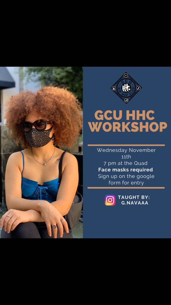 GCUHipHopClub's tweet photo. We have great news!! With all the issues regarding COVID we are asking that anyone who does sign up with our google form please wear a mask. The google form can be found in our bio. #gcu #hhc #2020 #maskup https://t.co/CJgyKfWRk0