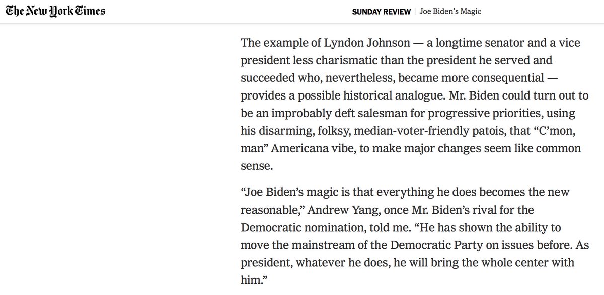 Boldness hasn't been Biden's way. But perhaps, in these times that demand boldness, he can channel not FDR so much as LBJ. https://www.nytimes.com/2020/11/06/opinion/sunday/joe-biden-president-policy.html