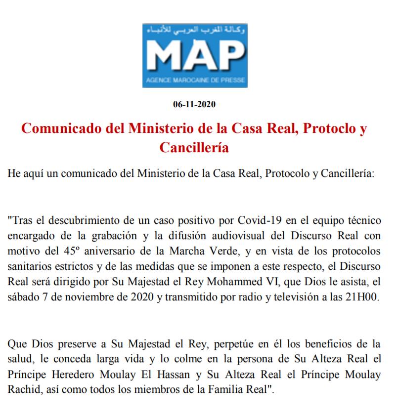 chahrazaz's tweet photo. El Discurso Real se pospone hasta mañana sábado en aplicación de estrictos protocolos de salud tras el descubrimiento de un caso de #COVID19PT dentro del equipo de tv encargado de grabar el Discurso.
#Mohammed_VI
Rabat https://t.co/RwktteAA7s