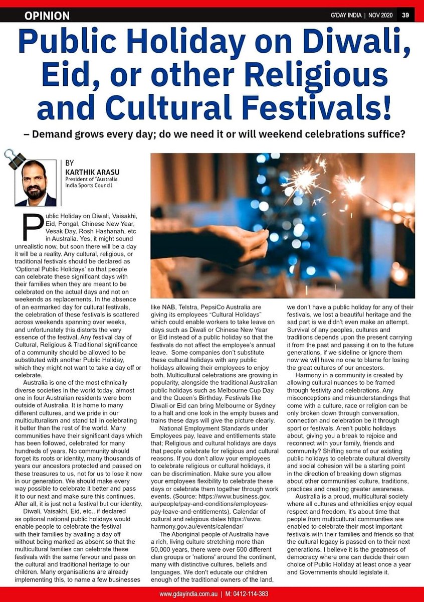 arasu_karthik's tweet photo. #PublicHoliday on #Diwali in #Australia, it might sound unrealistic, but soon it will be a reality. Any #cultural, #religious, or #traditional #festivals should be an ‘#OptionalPublicHolidays’ so #multiculturalcommunities can celebrate these significant days with their families. https://t.co/vUTR3kwgCt