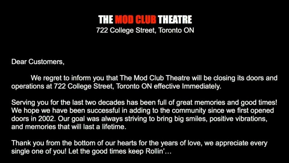Absolutely heartbreaking news from <a href="/modclubtheatre/">Mod Club Theatre</a>  tonight. Losing this venue is a big blow to not only the Toronto music community but also our Canadian music ecosystem. 💔 
#SupportCanadianVenues #SoutenezNosScènes #ModClub #YYZ #Toronto