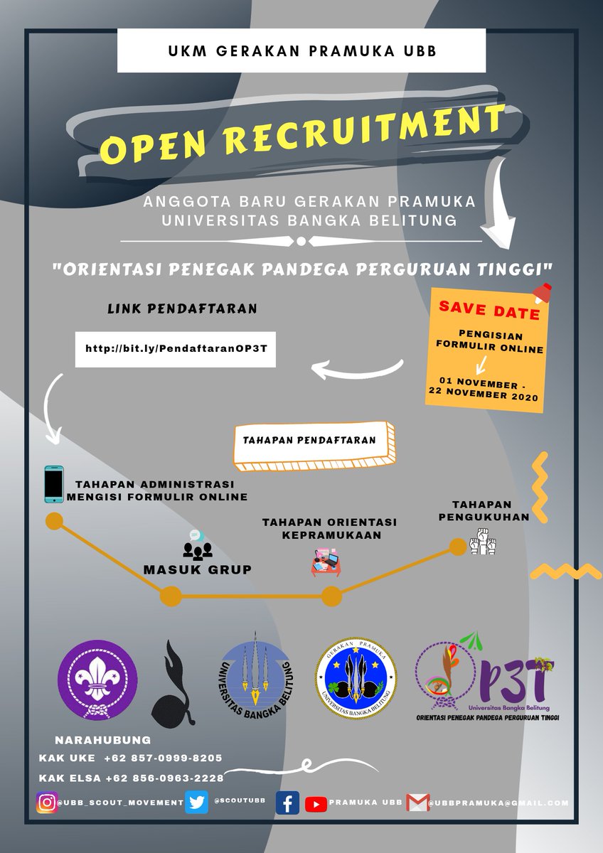 SATYAKU KU DHARMAKAN, DHARMAKU KU BHAKTIKAN
SALAM PRAMUKA⚜️
HALLO KAKAK👋🏻
[UBB SCOUT MOVEMENT]
-OPEN RECRUITMENT-
07 November 2020
#ubbscoutmovement
#gerakanpramukaubb
#pramukabangka
#pramukababel