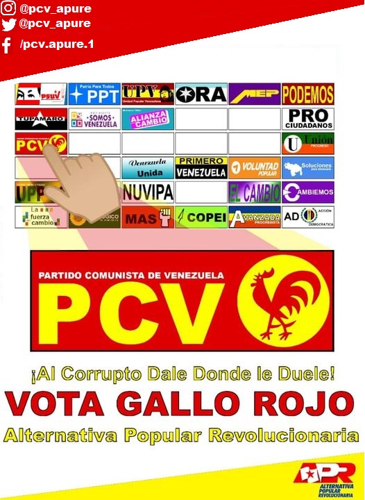 pcv_apure's tweet photo. Ya basta de tanta corrupción y gobernantes que juegan con las necesidades de la gente. Vamos juntos contra la corrupción y contra la ineficiencia gubernamental. Este 6 de Diciembre VOTA PCV VOTA Gallo Rojo https://t.co/sG55xyvi8a